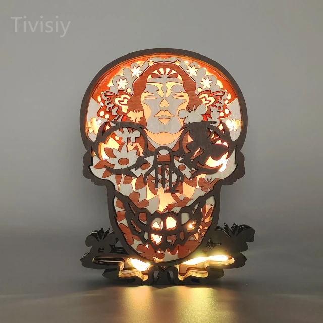 Virgo Skull Wooden Carving Light, Suitable For Room, Desk, Home Decoration Zodiac Night Light